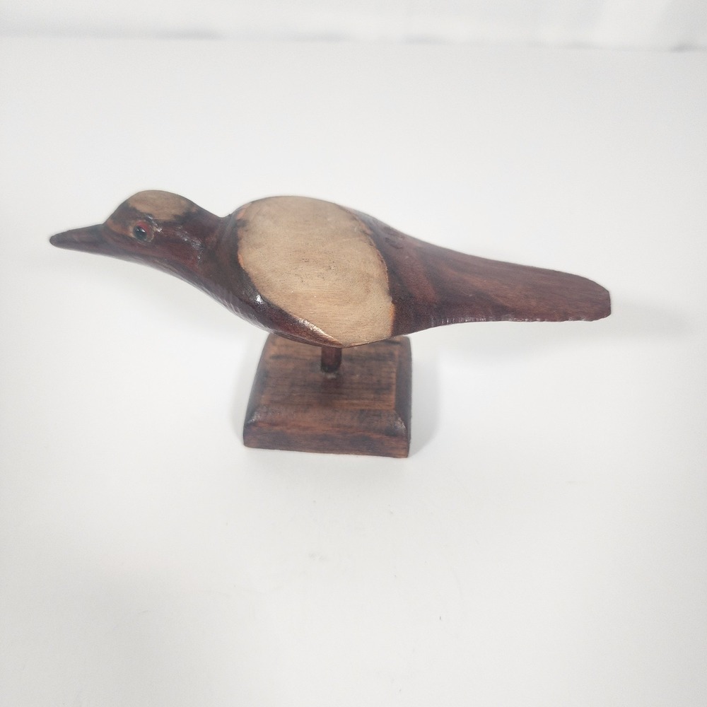 Hand Carved Wooden Bird Figurine Glass Eyes Folk Art Sculpture on‎ Stand